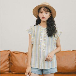 Cap-sleeve Frill Trim Striped Shirt As Shown In Figure - One Size