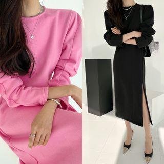Button-back Slit-hem Long Dress