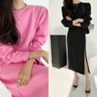 Button-back Slit-hem Long Dress