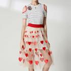 Set: Striped Cut Out Shoulder Short Sleeve T-shirt Dress + Heart Applique Mesh Skirt