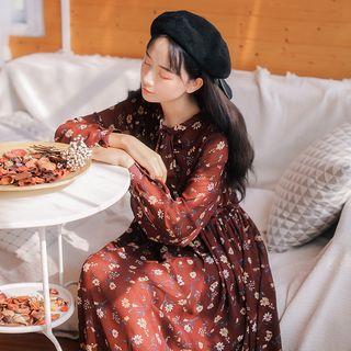 Floral Long-sleeve Tie-neck Chiffon Dress
