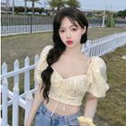 Puff-sleeve Drawstring Floral Cropped Blouse