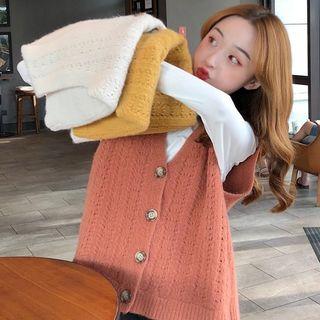Single Breasted Knit Vest / Plain Long-sleeve Mock Neck Top