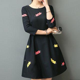 Cat Print 3/4 Sleeve A-line Dress