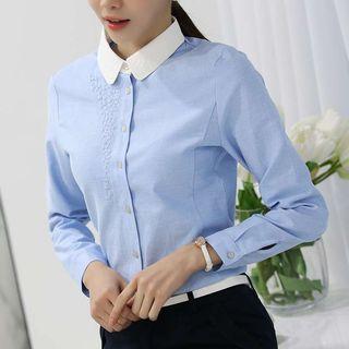 Contrast Collar Embroidered Long-sleeve Shirt