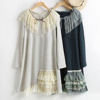 Long-sleeve Ruffle Lace Panel Dress
