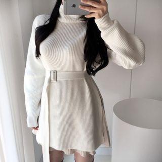 Long-sleeve Mock Neck Split Hem Ribbed Knit Dress