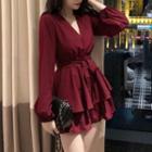 Long-sleeve A-line Mini Tiered Dress