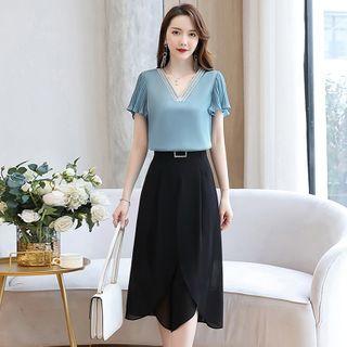 Set: Contrast Trim Short-sleeve Blouse + Irregular Hem A-line Skirt