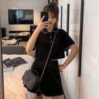 Set: Contrast Trim Short-sleeve Polo Shirt + Mini A-line Skirt