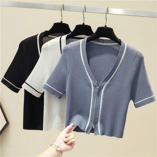 Short-sleeve Zipper Plain Knit Crop Top