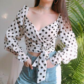 V-neck Dotted Bow Cropped Top
