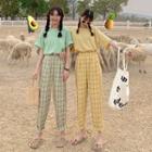 Elbow-sleeve T-shirt / Plaid Straight Fit Pants