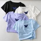 Short-sleeve Butterfly Embroidered Drawstring Cropped T-shirt