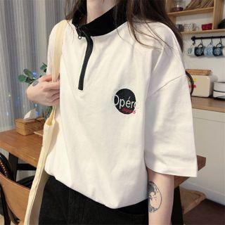 Elbow-sleeve Half-zip Lettering Embroidered T-shirt