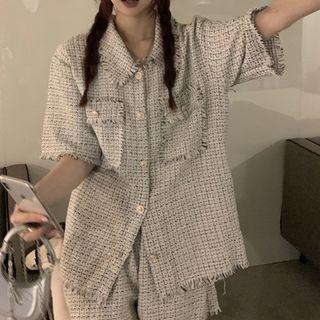 Short-sleeve Fringed Trim Tweed Shirt Shirt - Off-white - One Size