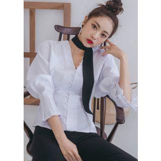 V-neck Button-and-loop Peplum Blouse