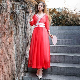 Set: Slipdress + Striped 3/4-sleeve Traditional Chinese A-line Dress