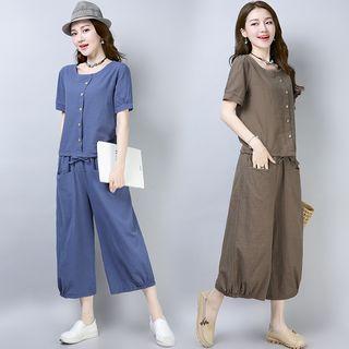 Set: Short-sleeve Blouse + Wide Leg Cropped Pants