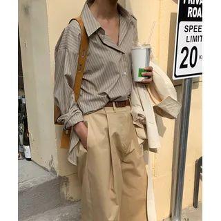 Two-way Stripe Shirt Beige - One Size
