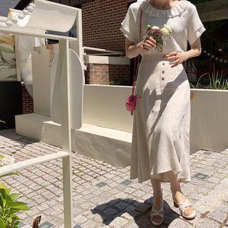 Button-detail Slit-side Linen Blend Skirt