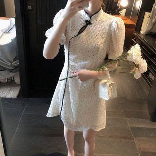 Dotted Mandarin Collar Short-sleeve Mini A-line Dress