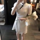 Dotted Mandarin Collar Short-sleeve Mini A-line Dress