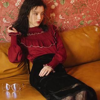 Set: Ruffle Knit Top + Lace Trim Mid Skirt