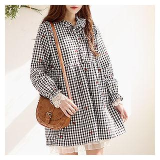 Floral-embroidered Gingham Empire Dress