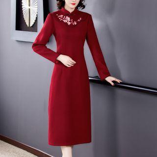 Mandarin Collar Embroidered Midi A-line Dress