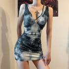 Tie-dye V-neck Slim-fit Sleeveless Dress