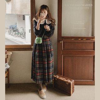 Tartan-plain Flared Long Skirt Green - One Size