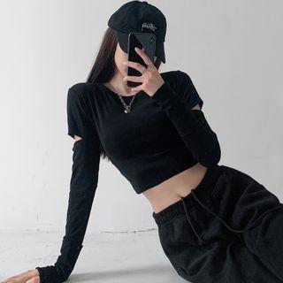 Long-sleeve Cutout-sleeve Slim-fit Cropped T-shirt