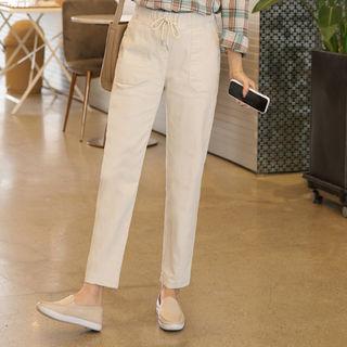 Drawstring-waist Patch-pocket Baggy Pants
