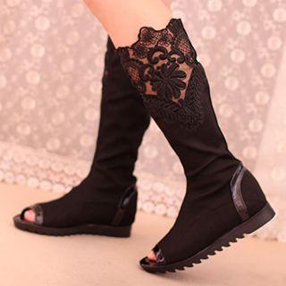Lace Panel Peep Toe Tall Boots