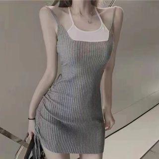 Mock Two-piece Spaghetti Strap Knit Mini Bodycon Dress