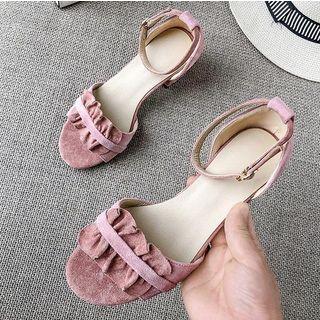 Faux Suede Ruffle Accent Block Heel Sandals