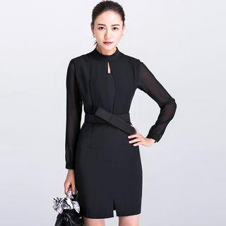 Long-sleeve Chiffon Panel Sheath Dress