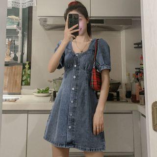Short-sleeve Button-up Denim A-line Mini Dress
