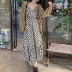 Long-sleeve Plain Knit Cardigan / Floral Printed V-neck Stappy Dress