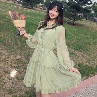 Puff Sleeve Gather Waist A-line Dress Green - One Size