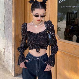Long-sleeve Square Neck Floral Print Drawstring Top