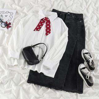 Tie Neck Shirt / Denim Midi A-line Skirt