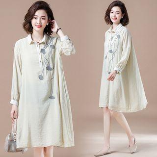 Long-sleeve Floral Embroidered Polo Midi Dress