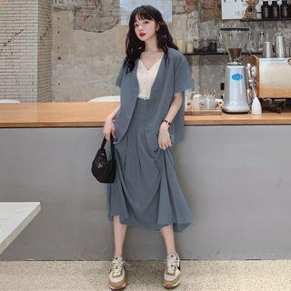 Set: Short-sleeve Blazer + Midi A-line Skirt
