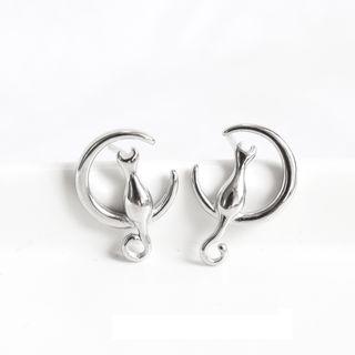 925 Sterling Silver Cat & Moon Earring 1 Pair - As Shown In Figure - One Size