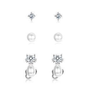 Sterling Silver Fashion Simple Cat Pearl Cubic Zircon Three-piece Stud Earrings Silver - One Size