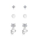 Sterling Silver Fashion Simple Cat Pearl Cubic Zircon Three-piece Stud Earrings Silver - One Size