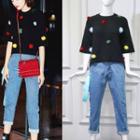 Short-sleeve Pompom-accent Knit Top / Slim-fit Jeans