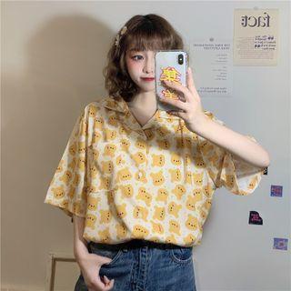 Elbow-sleeve Bear Print Open-collar Shirt